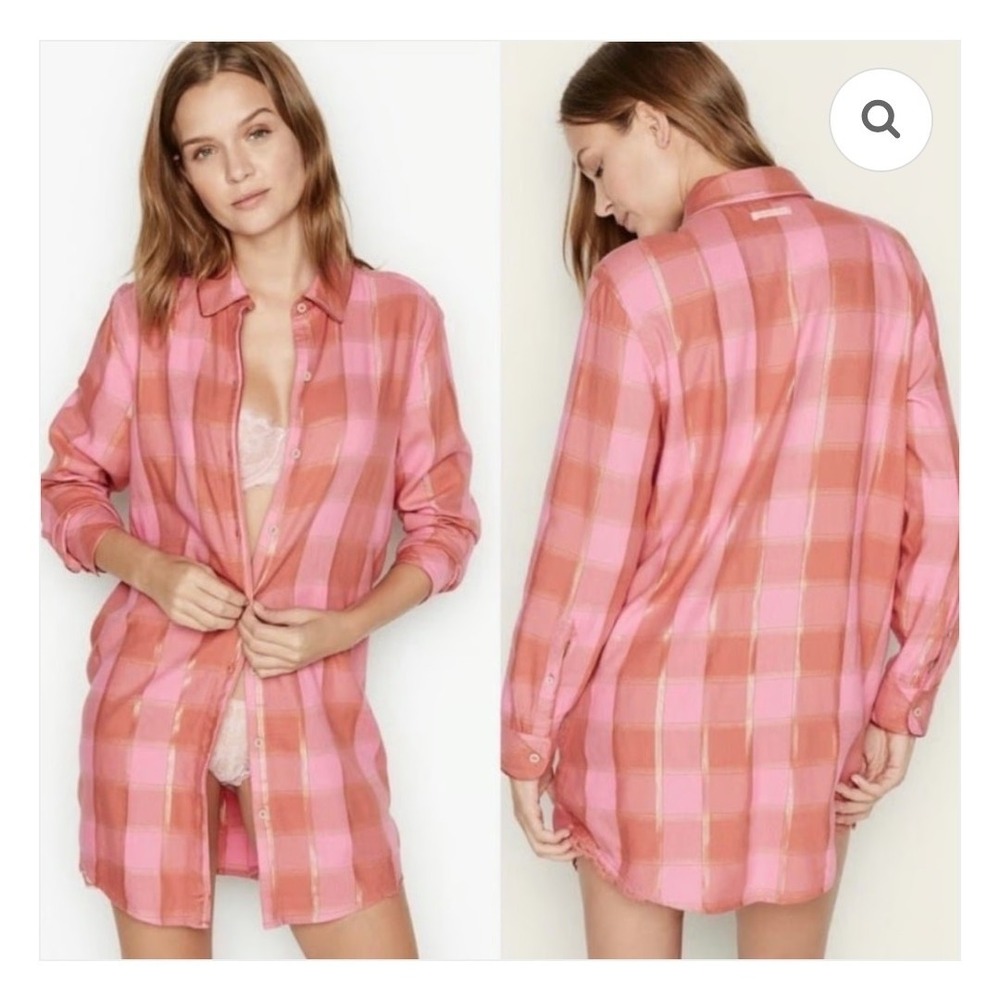 VICTORIA'S SECRET Sleep shirt S Flannel Plaid Button Front Long Sleeve Pink